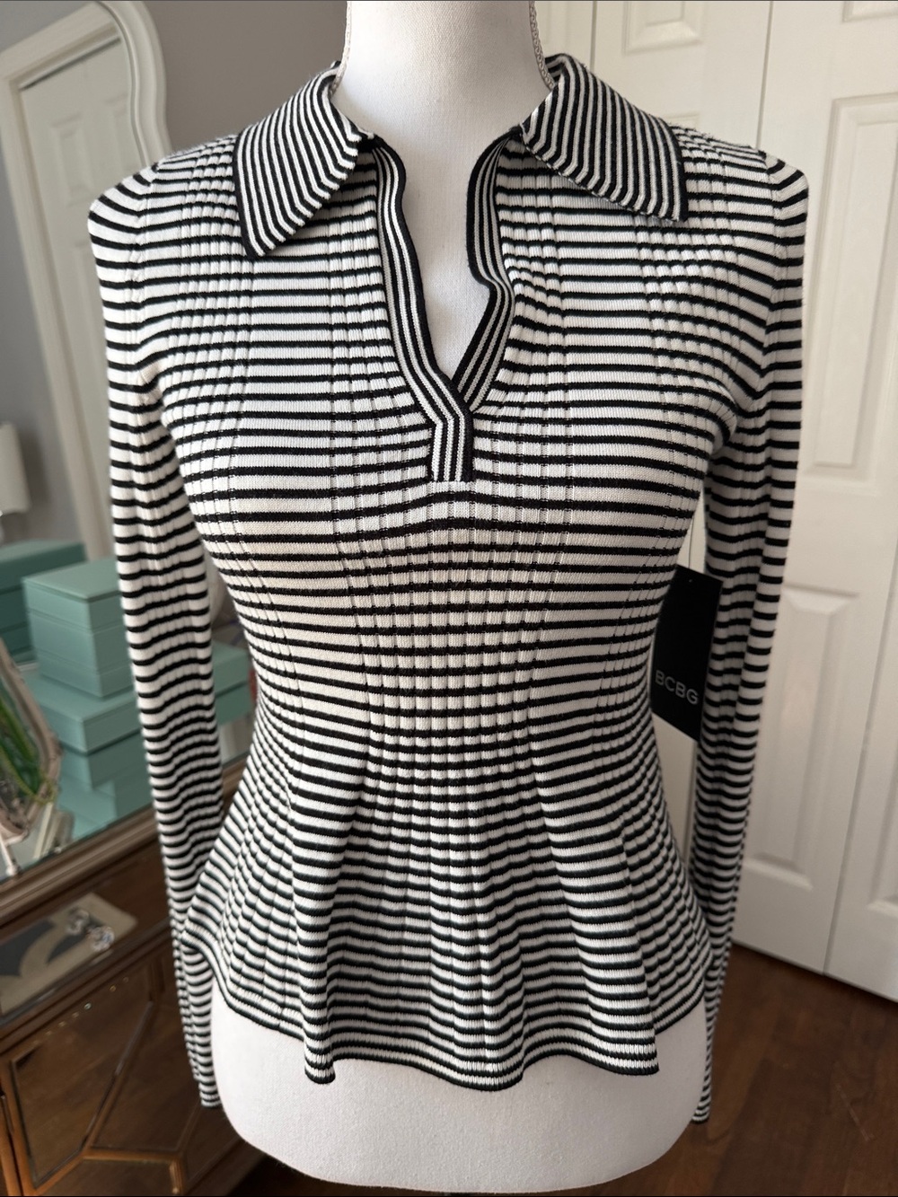 BCBG Black & White Striped Long-Sleeve Peplum Polo Knit Top S ❤️